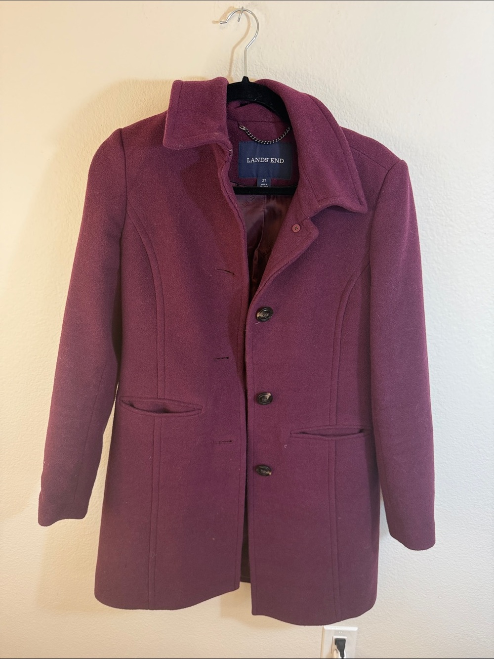 LANDS’ END Women's Plum Wool-Blend Pea Coat